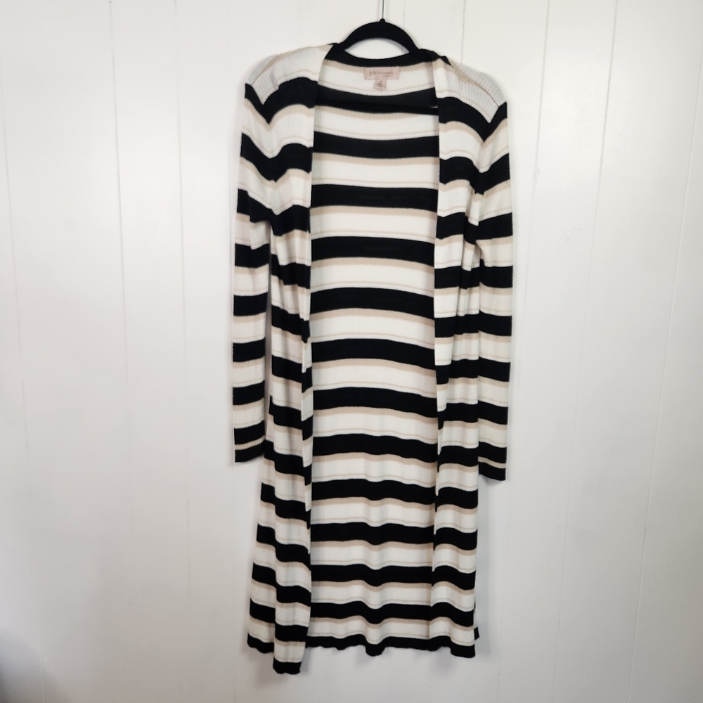 Philosophy Ribbed Open Front Long Cardigan Sweater Navy Stripe Size Large Office